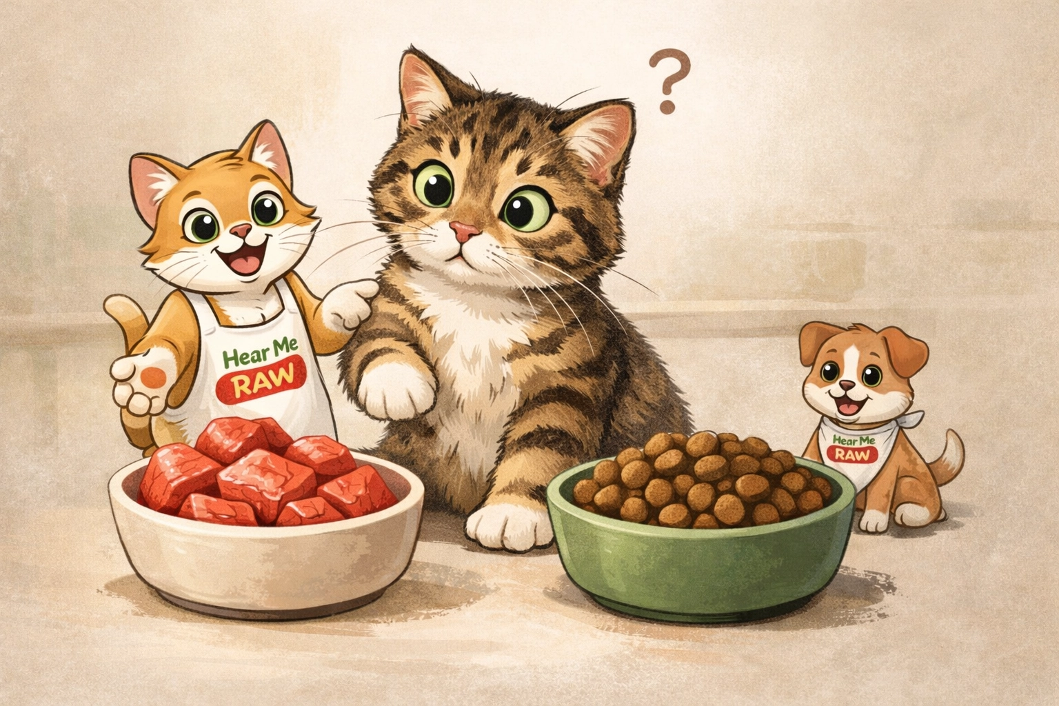 Cat choosing between raw meat and dry kibble, illustrating complete vs incomplete nutrition