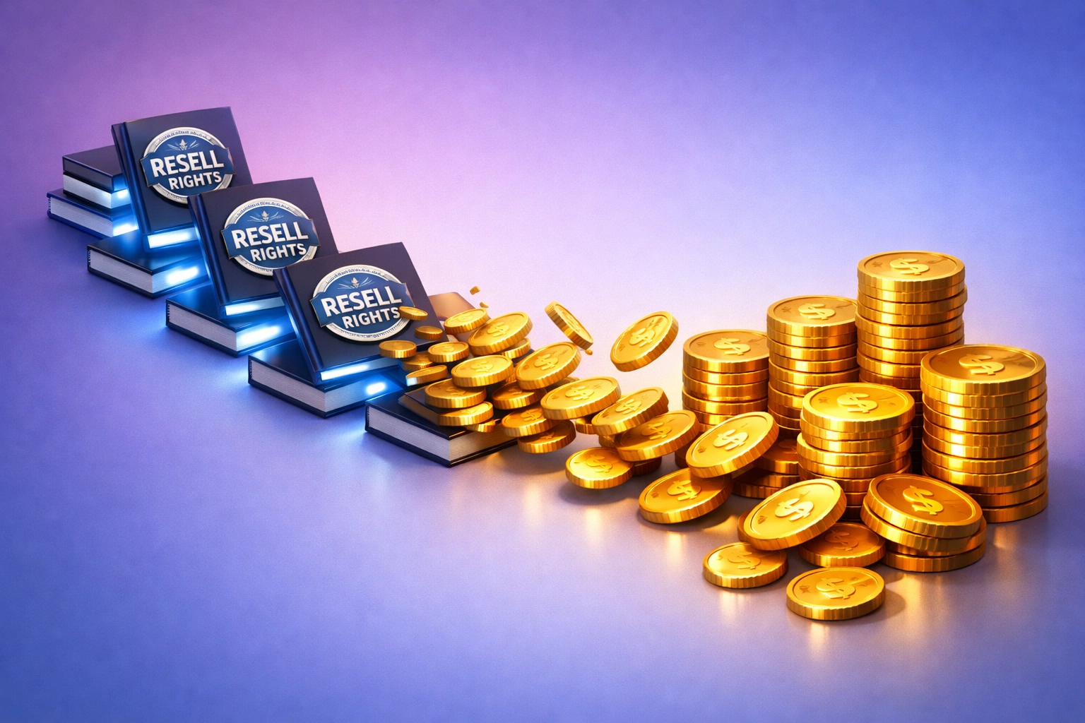 Ebooks with resell rights transforming into passive income illustrated with gold coins