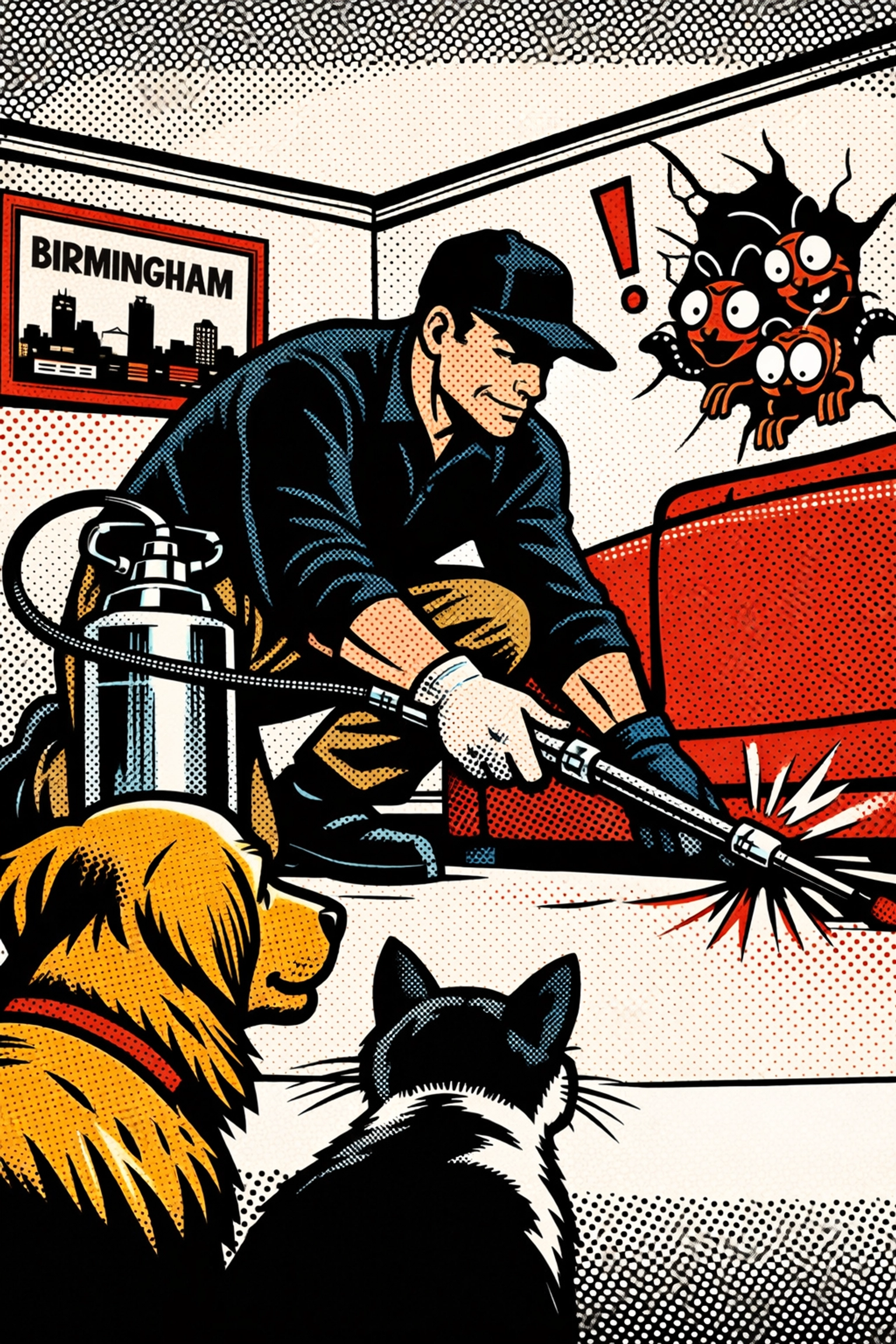 Birmingham pest control technician applying pet-friendly treatment to cracks while a dog and cat watch safely.