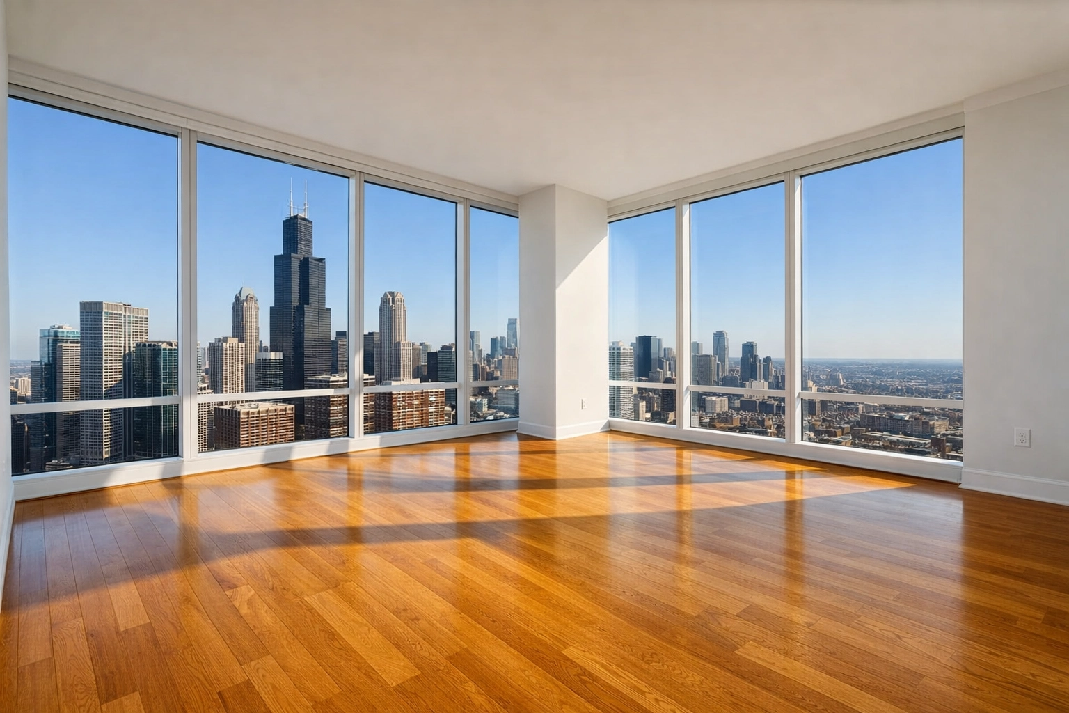 A sunlit, move-in ready luxury apartment in Chicago with polished hardwood floors.