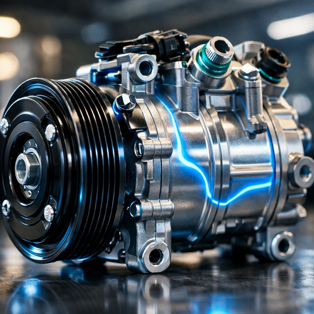 Modern automotive AC compressor being inspected for car AC repair in a professional service garage.