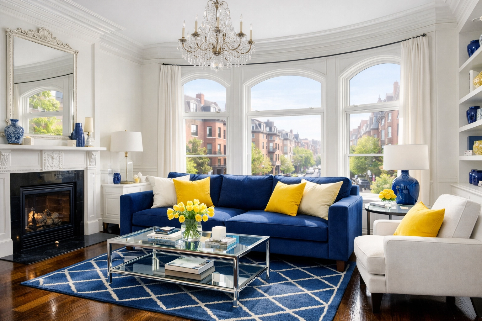 Pristine Boston brownstone living room cleaned by professional cleaners Boston MA specializing in historic homes.