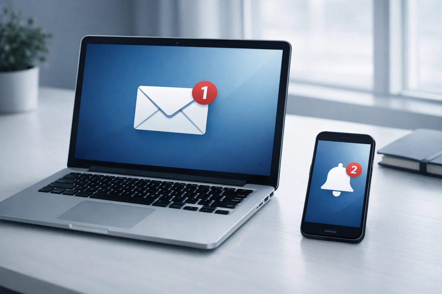 Laptop and smartphone displaying automated review request notifications on desk