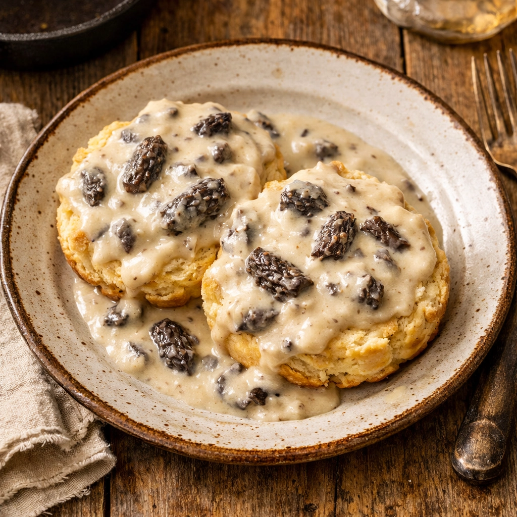 Warm buttermilk biscuits smothered in creamy morel mushroom gravy, a Southern twist on PNW foraged ingredients.