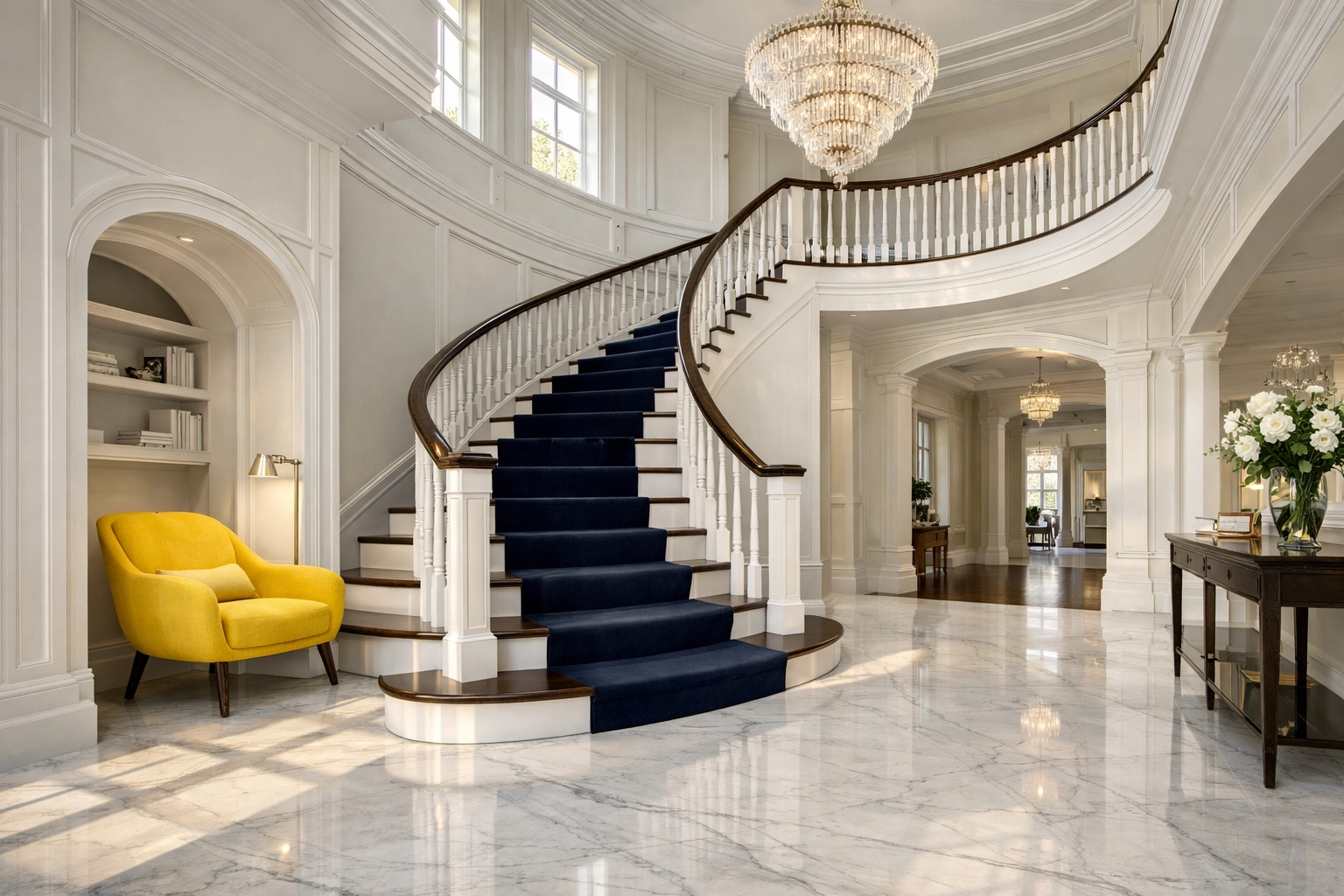 Immaculate grand foyer in a Chestnut Hill estate showing professional residential cleaning excellence in Newton.