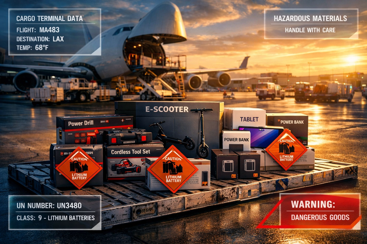 Miami air freight terminal with dangerous goods shipment containing lithium battery products