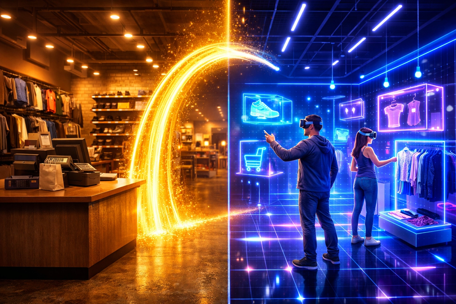 Physical retail store transforming into virtual reality shopping space with crypto payments