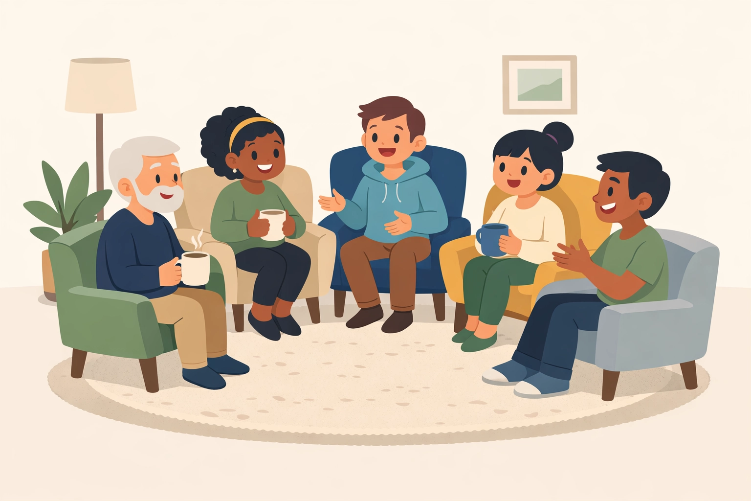 Illustration of a small group in Green River, WY meeting in a cozy living room for real community.
