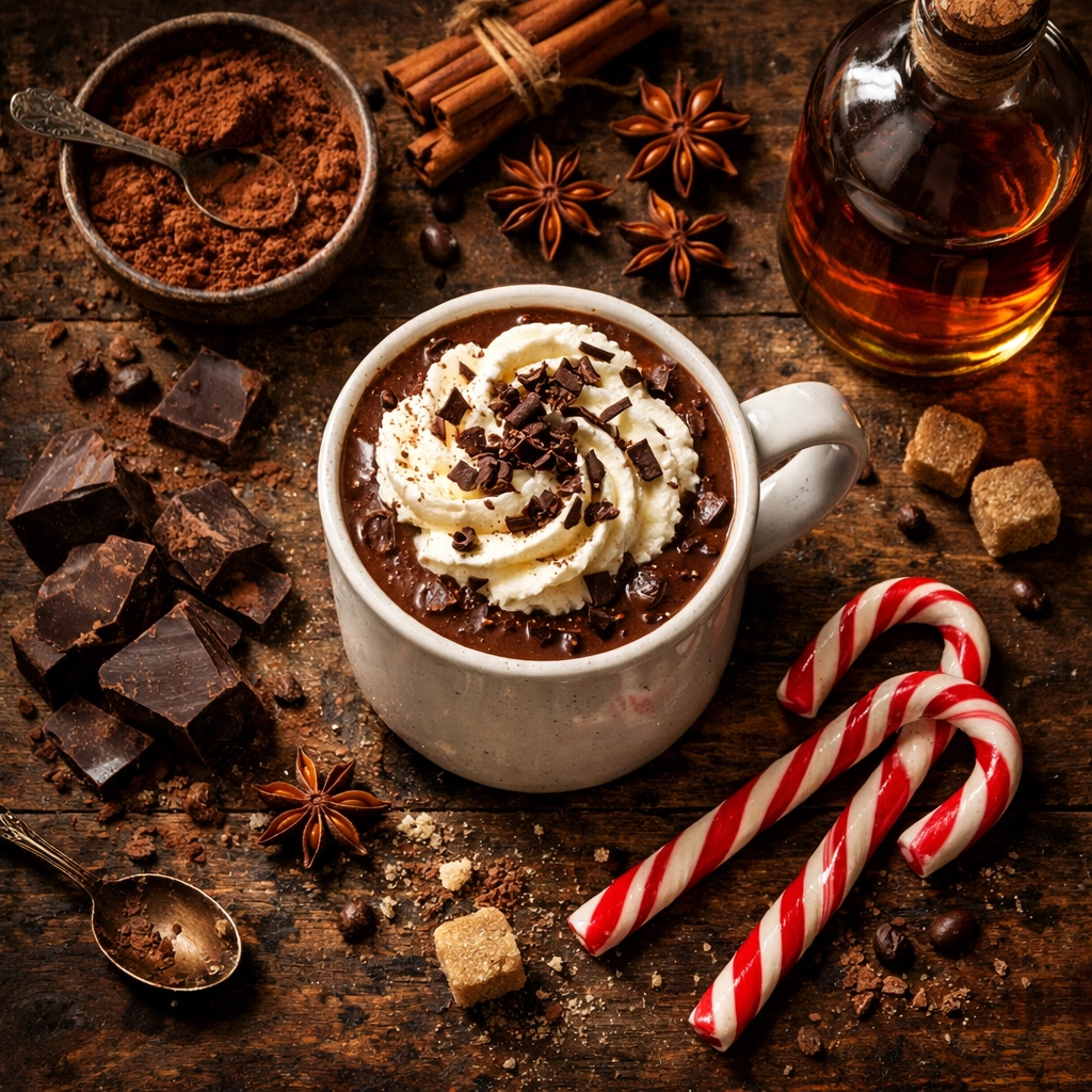 Spiked hot chocolate with whipped cream and winter spices on wooden table