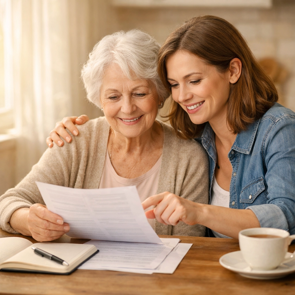 Family discussing assisted living care options for elderly parent in Sarasota
