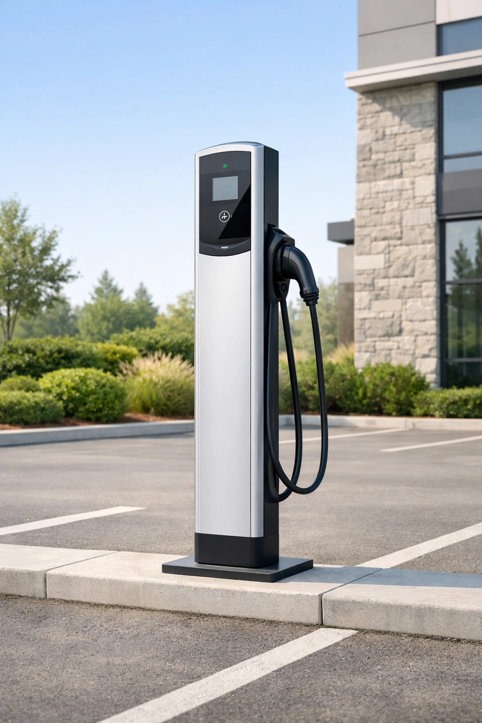 Sleek commercial EV charging station pedestal in a modern Maine property parking lot.