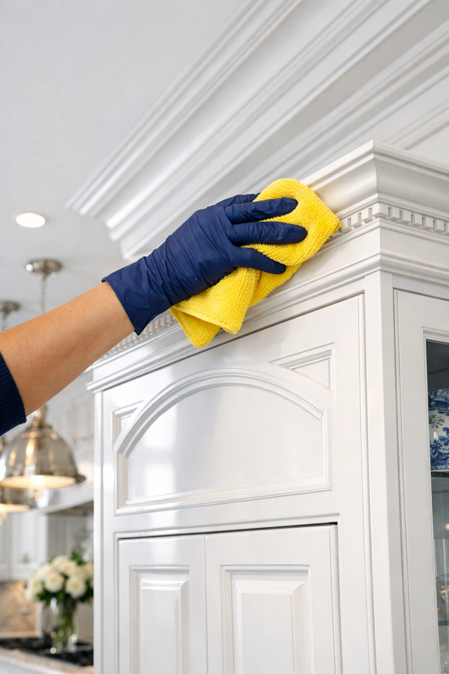 Professional Lexington Estate Cleaning focusing on dusting high-touch cabinet ledges in a luxury kitchen.
