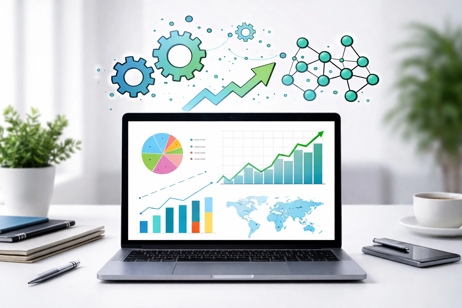 Laptop displaying machine learning data analytics and predictive insights for small business automation