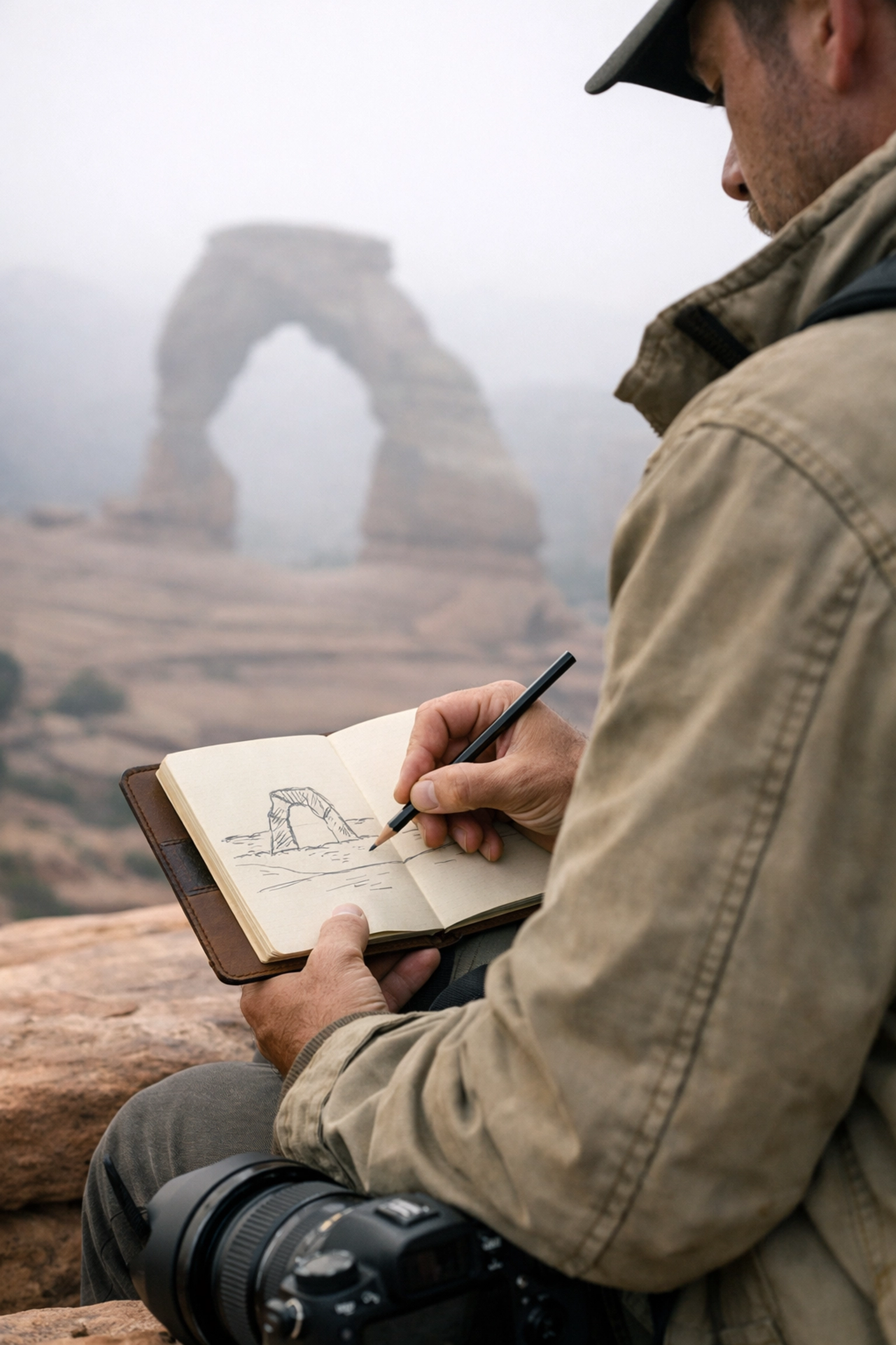 Photographer sketching a fine art photography composition at Arches National Park for museum-quality results.