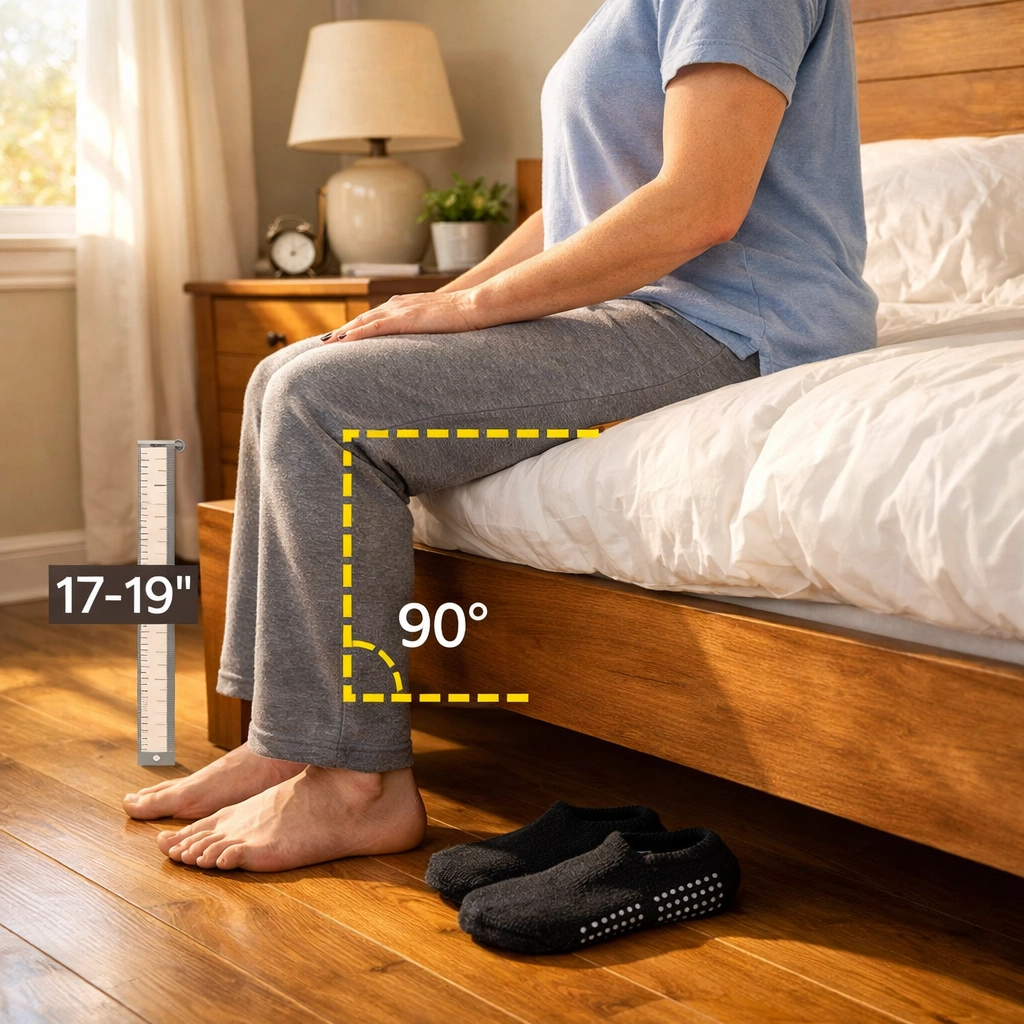 Proper bed height positioning with feet flat on floor and non-slip socks for fall safety
