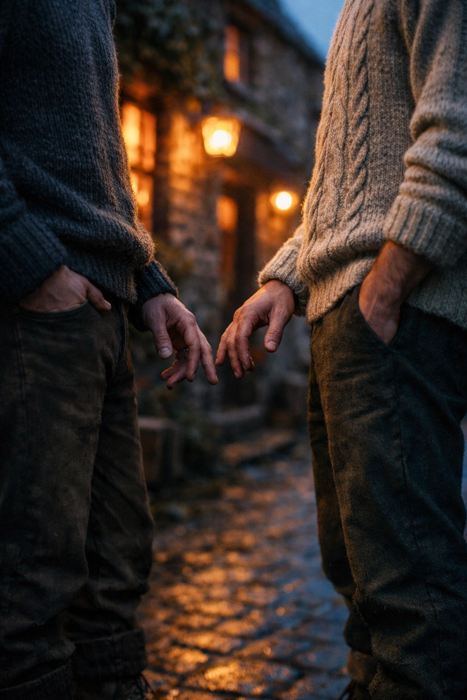 Gay couple in traditional clothes outside a rural European pub at dusk, showing subtle connection and local life.