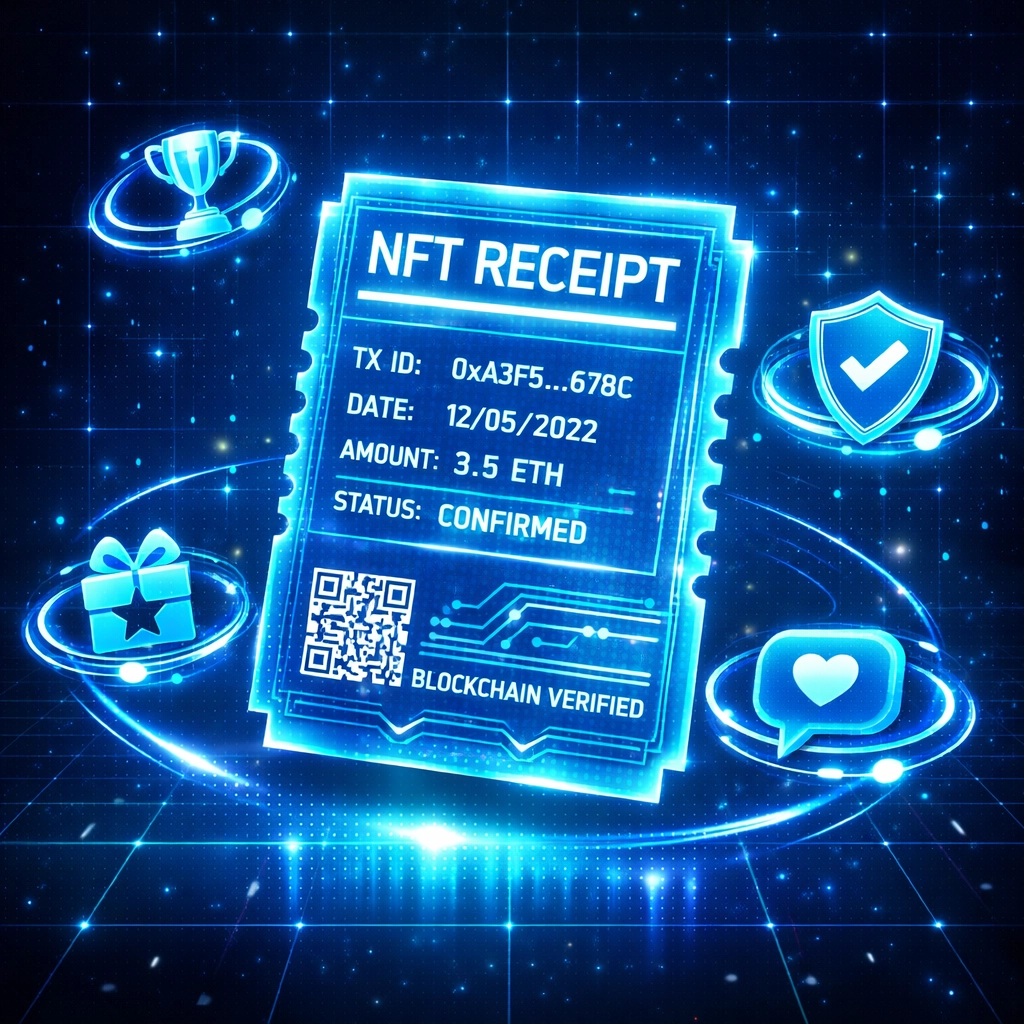 NFT receipt with blockchain transaction data, loyalty rewards, and customer engagement tokens