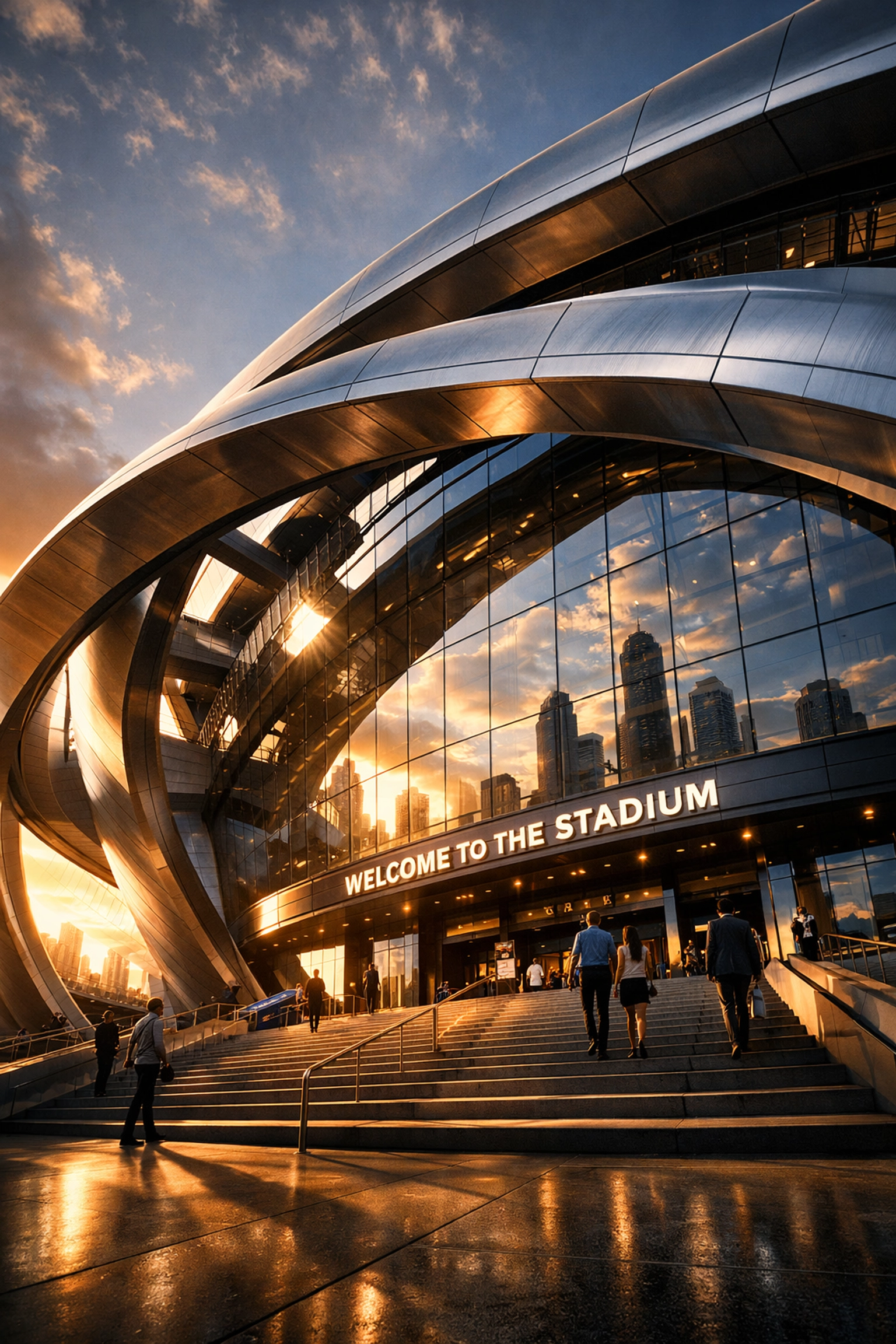 Futuristic sports stadium entrance with metallic curves representing the future of fan experiences.