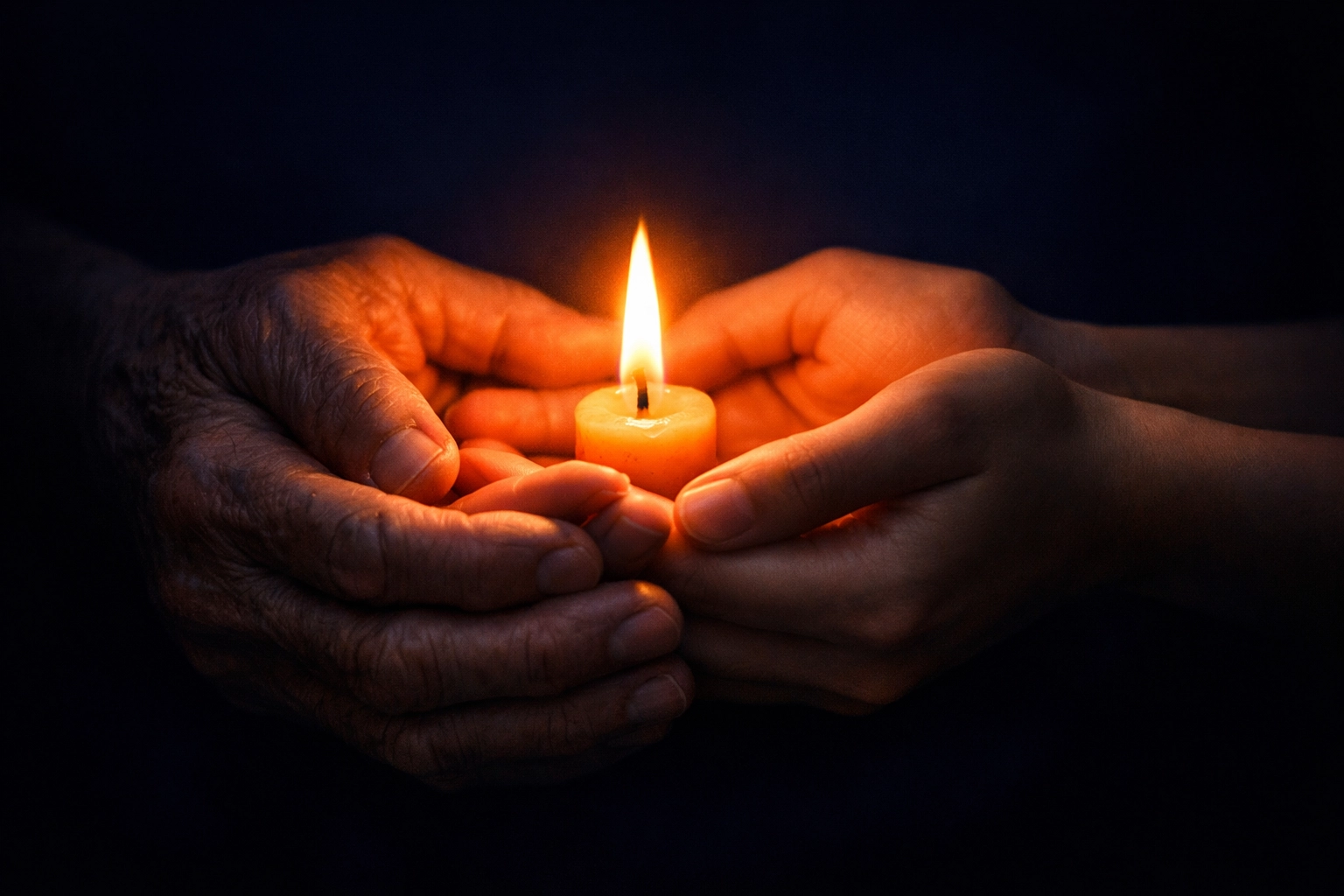 Hands shielding a candle flame in darkness, representing prayer and hope for families in Iran during times of conflict.
