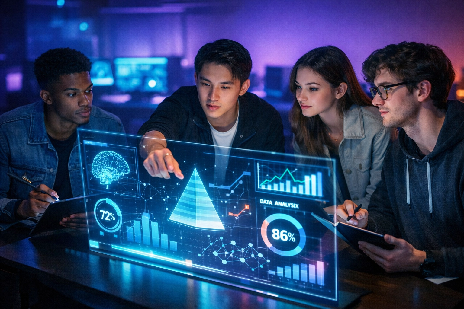 AI-literate young professionals collaborating with data analytics in modern tech workspace