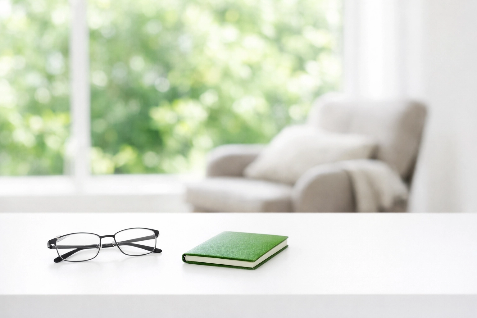 Clear white desk and green accents showcasing business scalability and productivity through managed website services.