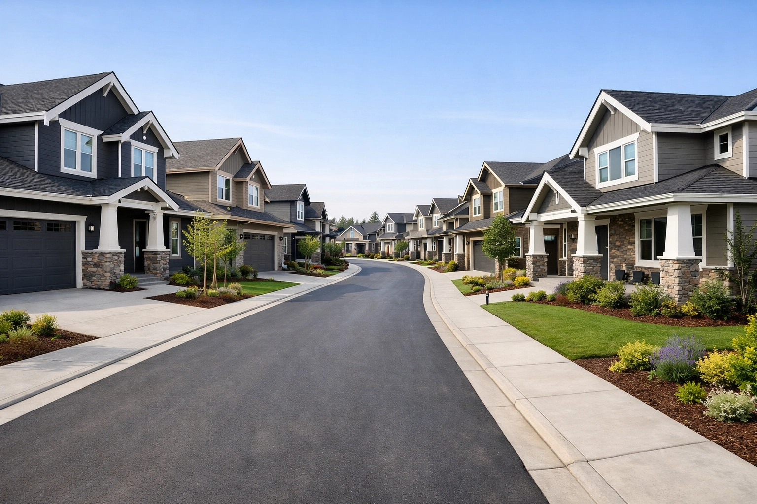 New construction street in a modern development, ideal for those looking to buy a home in the NC Triangle.