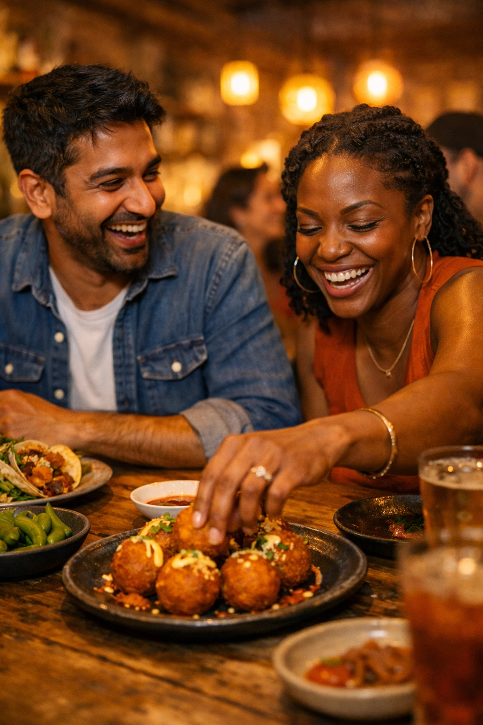 Friends sharing fusion Kimchi Arancini at Belly restaurant in Rockridge during Oakland Restaurant Week.