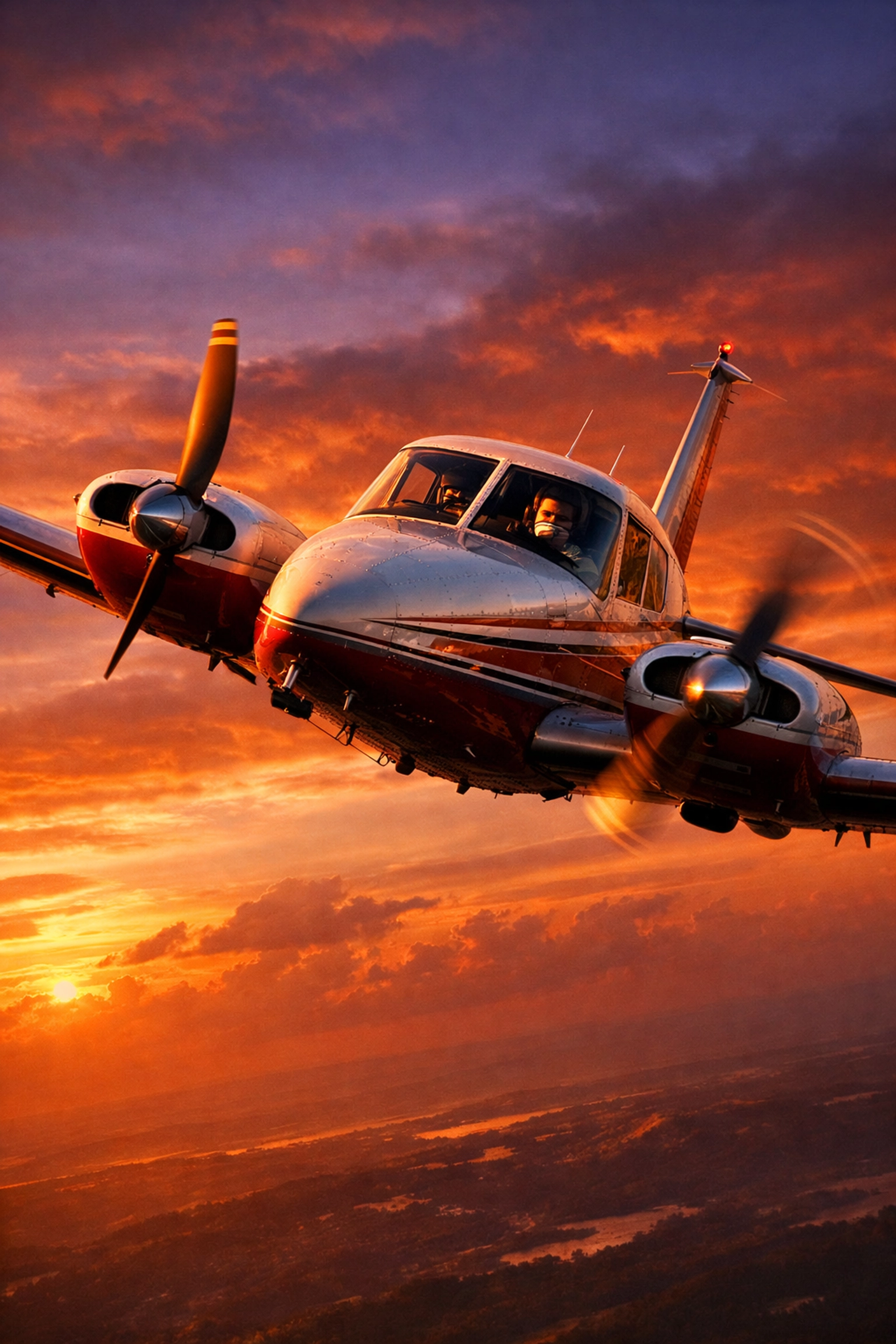 Piper Twin Comanche demonstrating engine-out performance with a feathered propeller during multi-engine training.