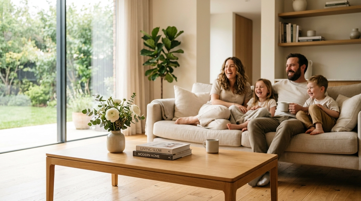 A sun-drenched, pristine living room where a family is relaxing together, symbolizing the freedom gained from professional cleaning.