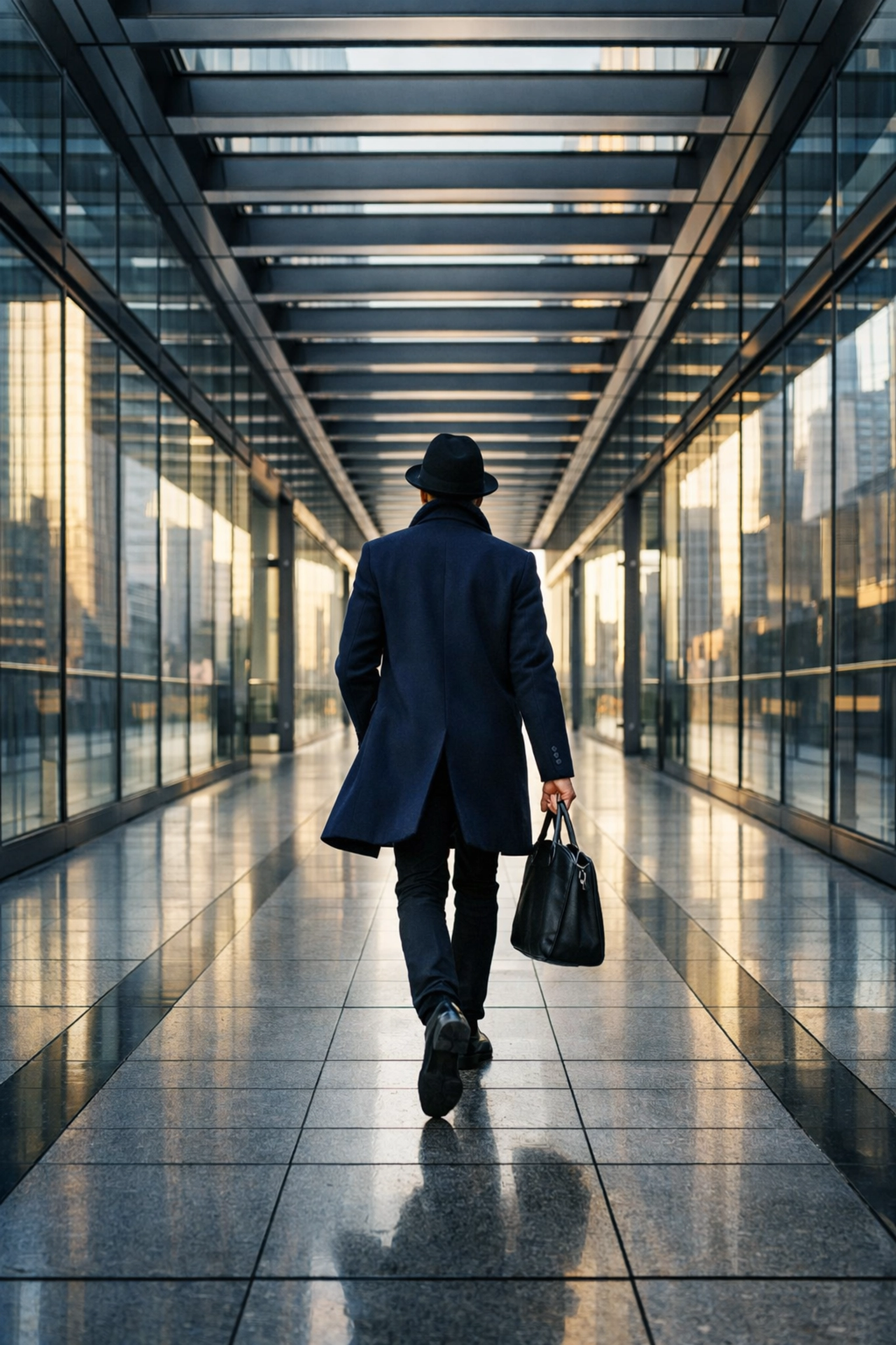 Street photography ideas using leading lines and modern architecture to frame a moving subject.