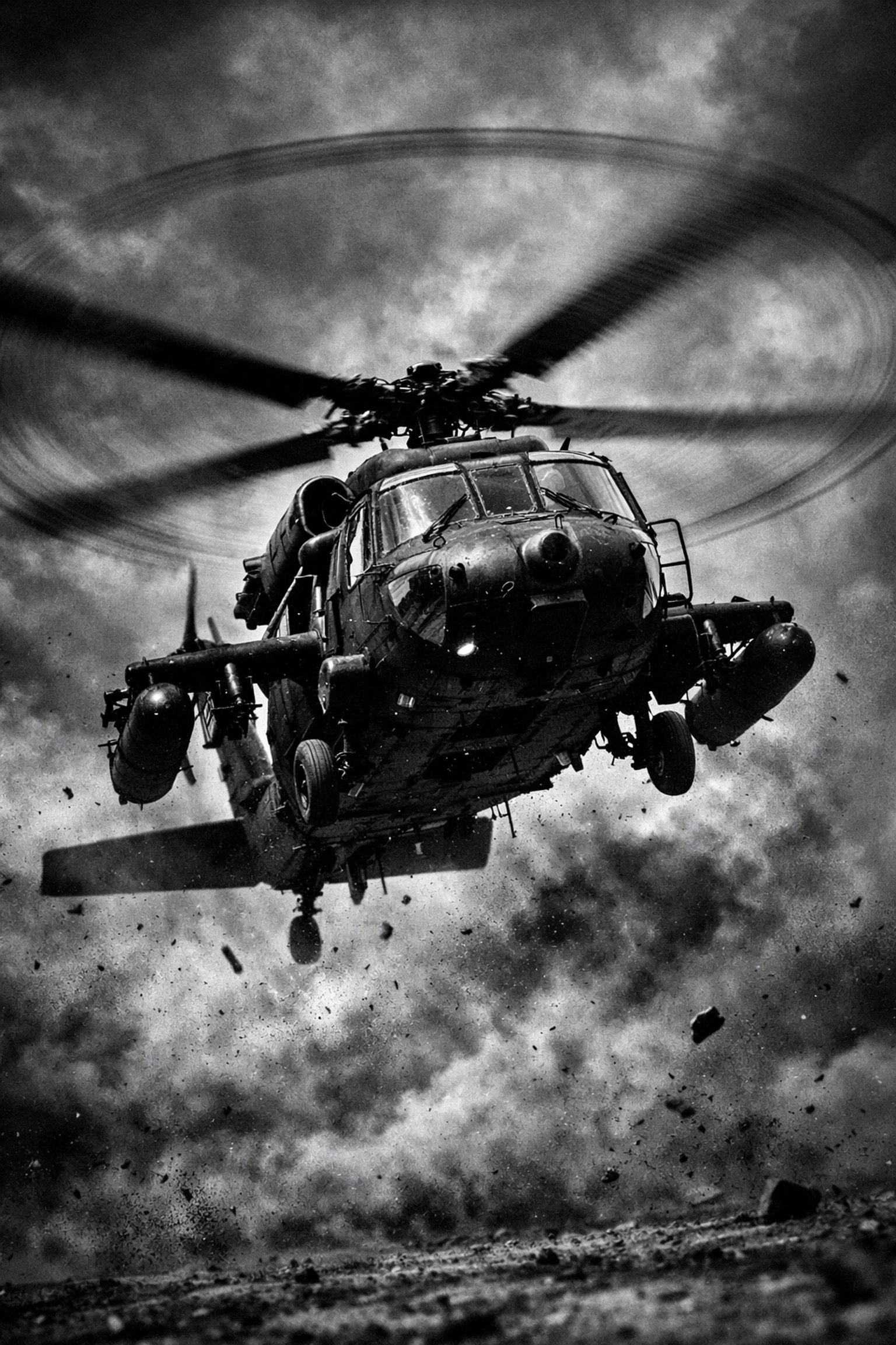 Military Blackhawk helicopter hovering in stormy conditions demonstrating raw power of vertical flight