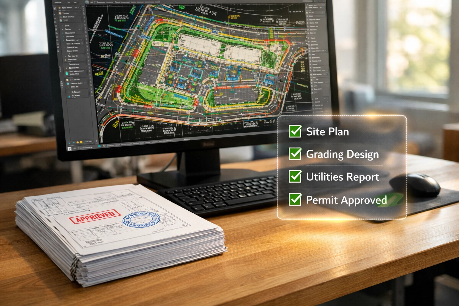 Building permit package with CAD site plans and stamped engineering drawings ready for municipal approval.