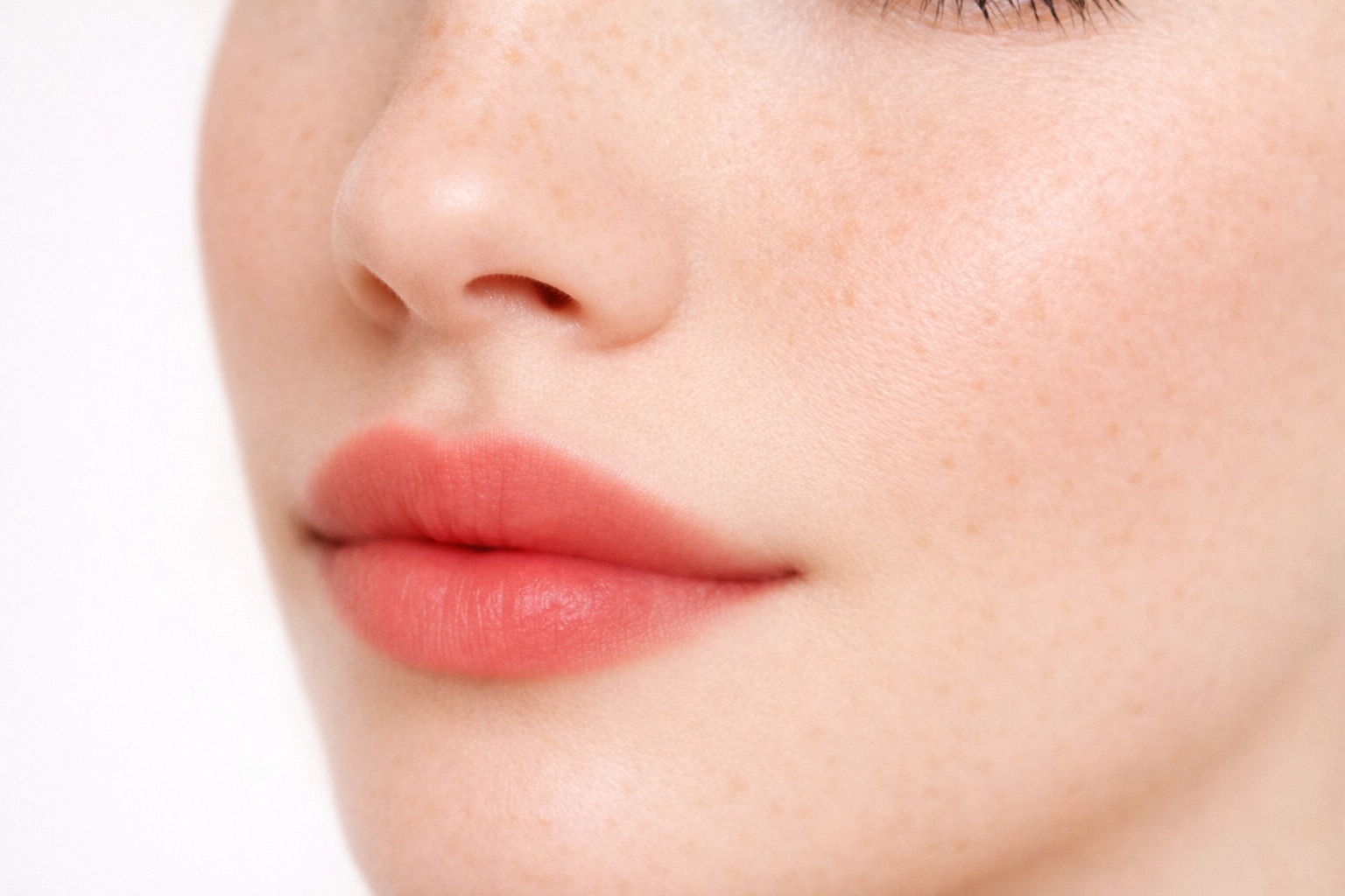 Macro beauty shot featuring a soft terracotta blurred lip with a natural just-bitten editorial effect.