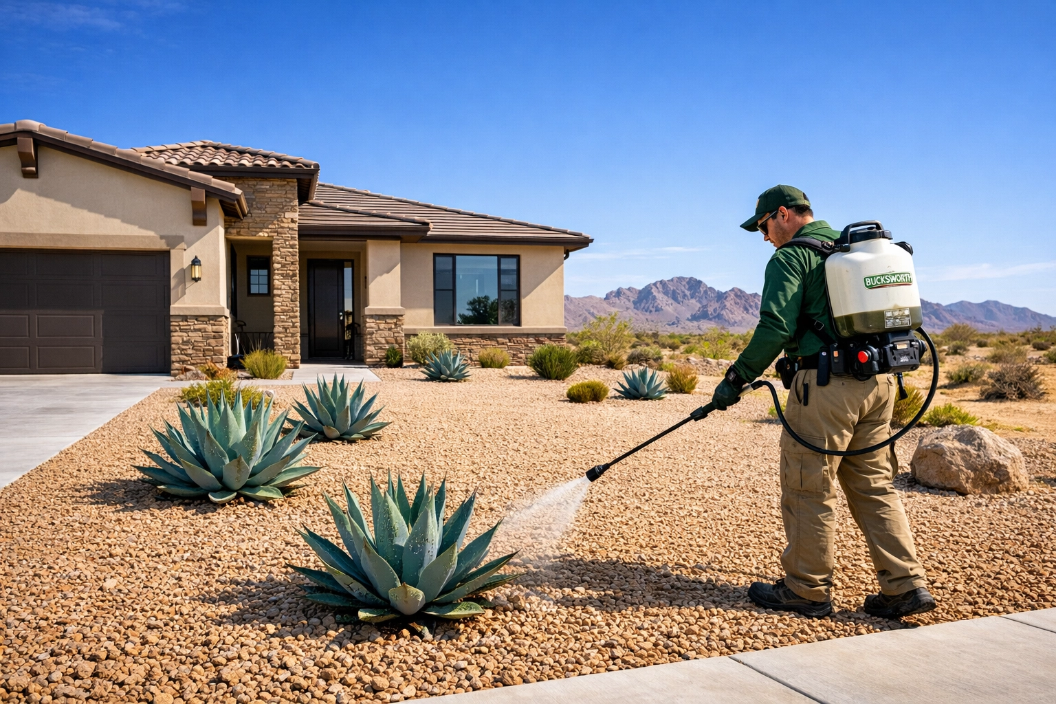 Bucksworth professional applying desert weed prevention treatment in Maricopa, AZ.