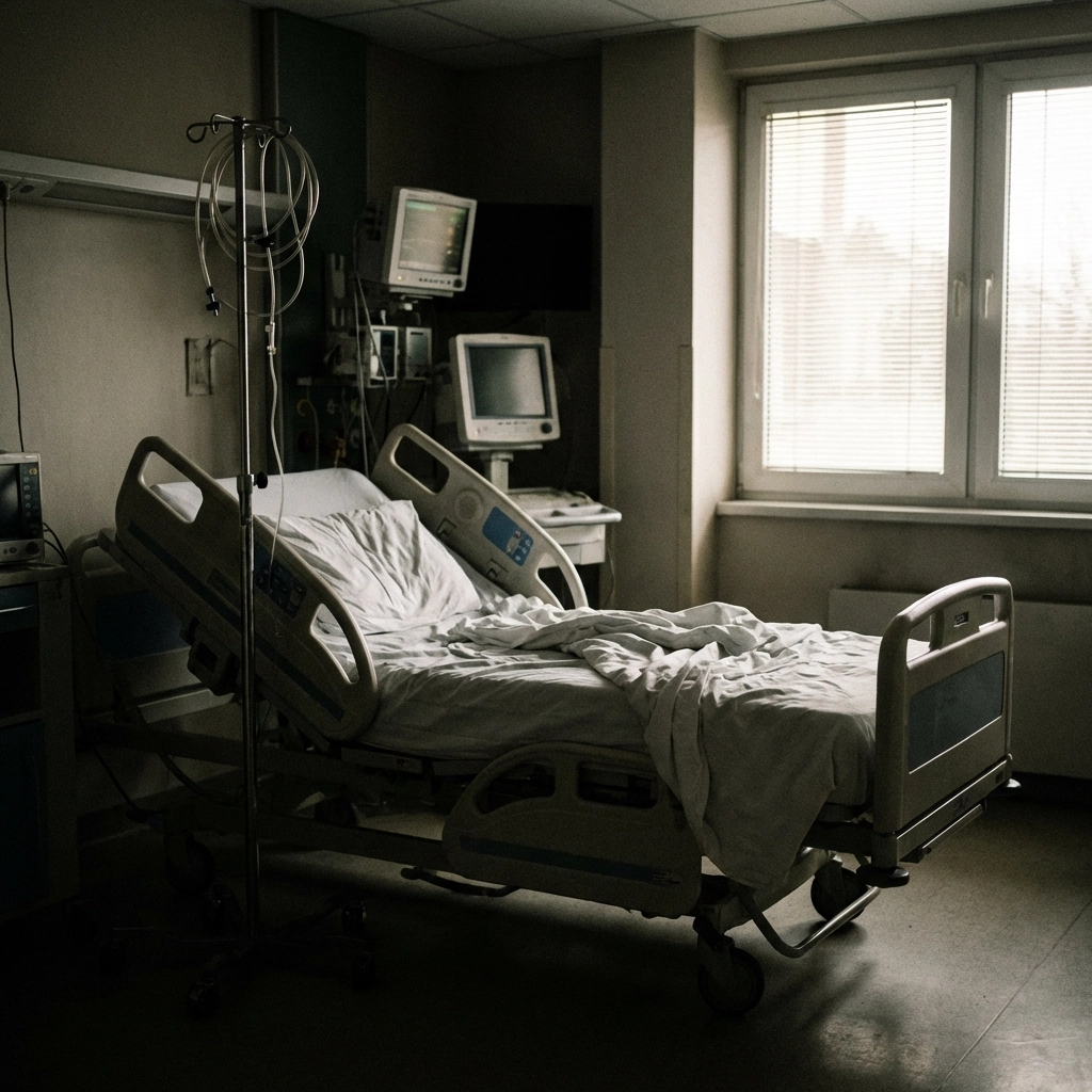 Empty hospital bed with medical equipment, symbolizing the human cost and medical trauma caused by pill mills