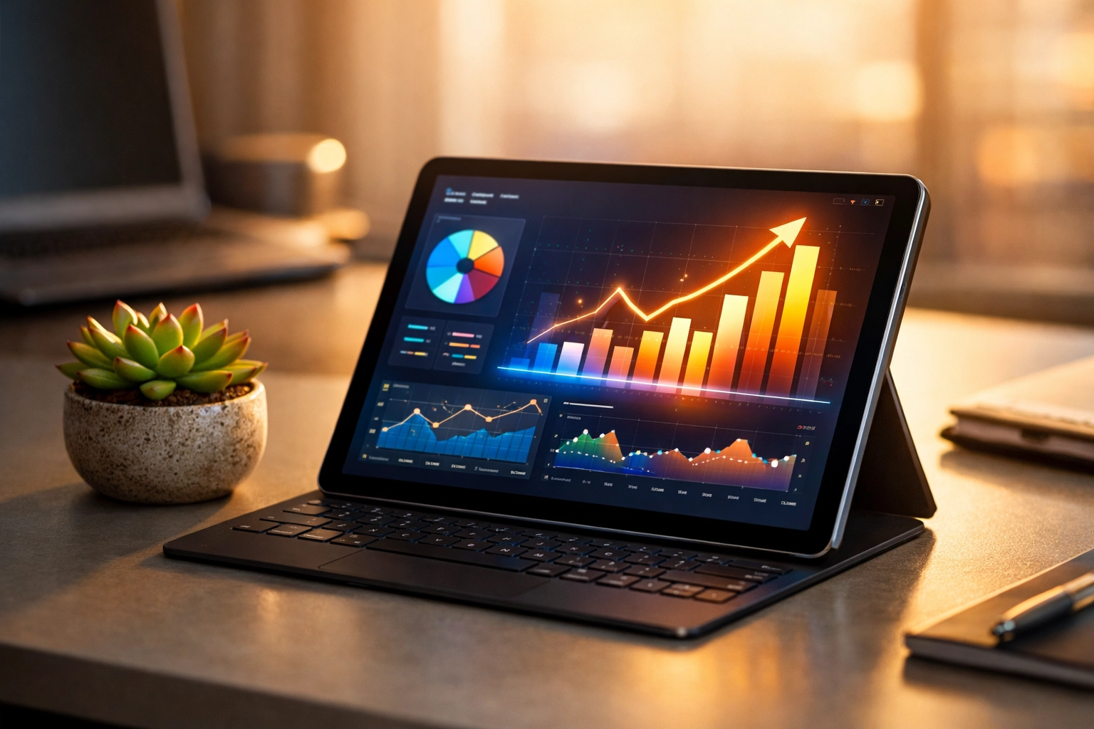 Modern digital workspace with financial data visualizations promoting bookkeeping efficiency and growth.