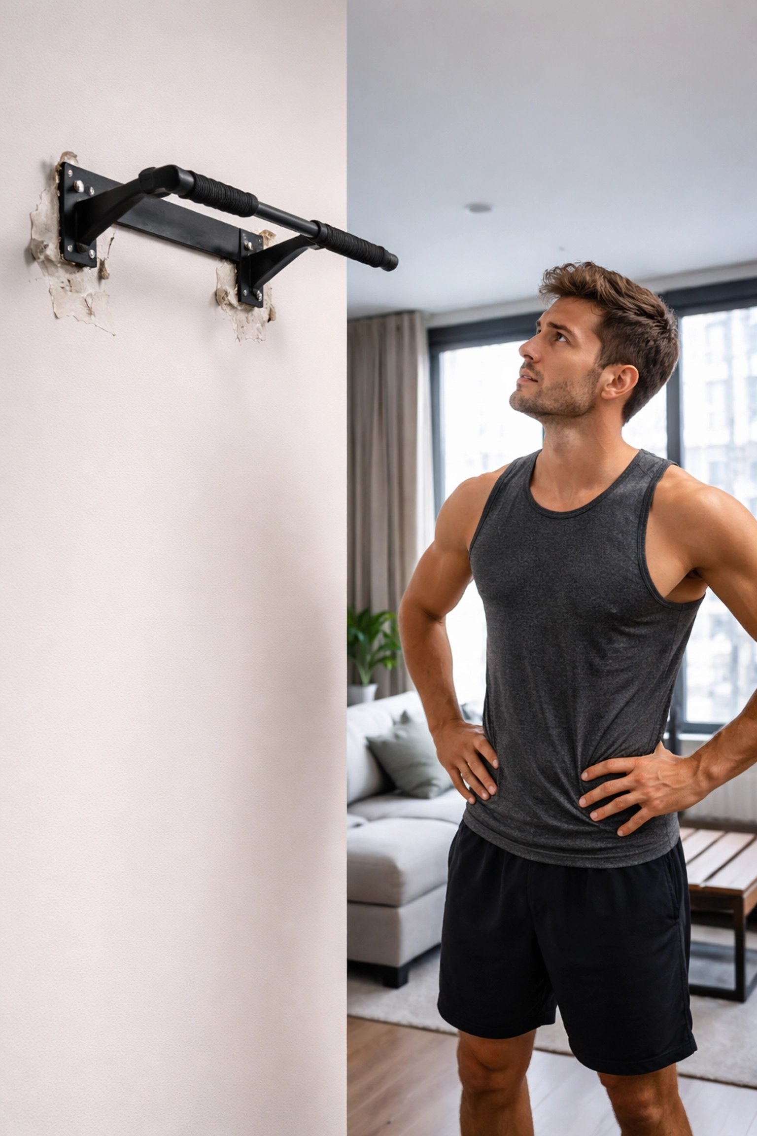 Frustrated athlete in modern apartment staring at damaged wall from mounted pull-up bar, highlighting rental gym challenges
