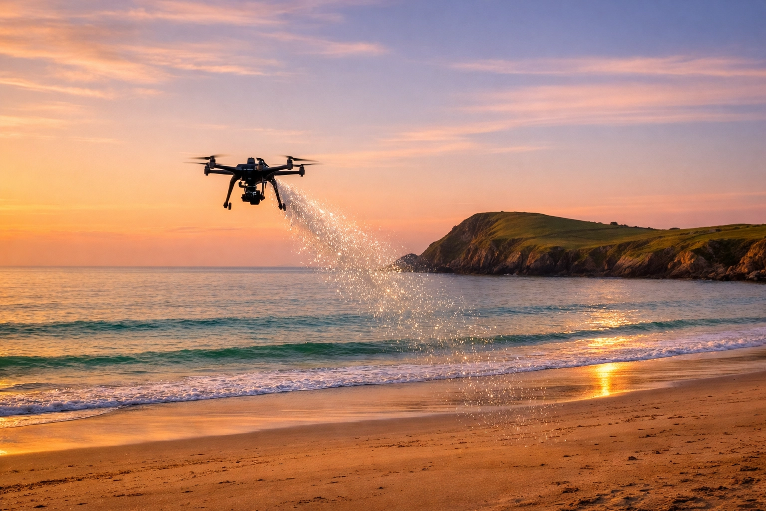 Drone ash scattering at Carne Beach, Cornwall, with a peaceful sunset view of the Roseland Peninsula coastline.
