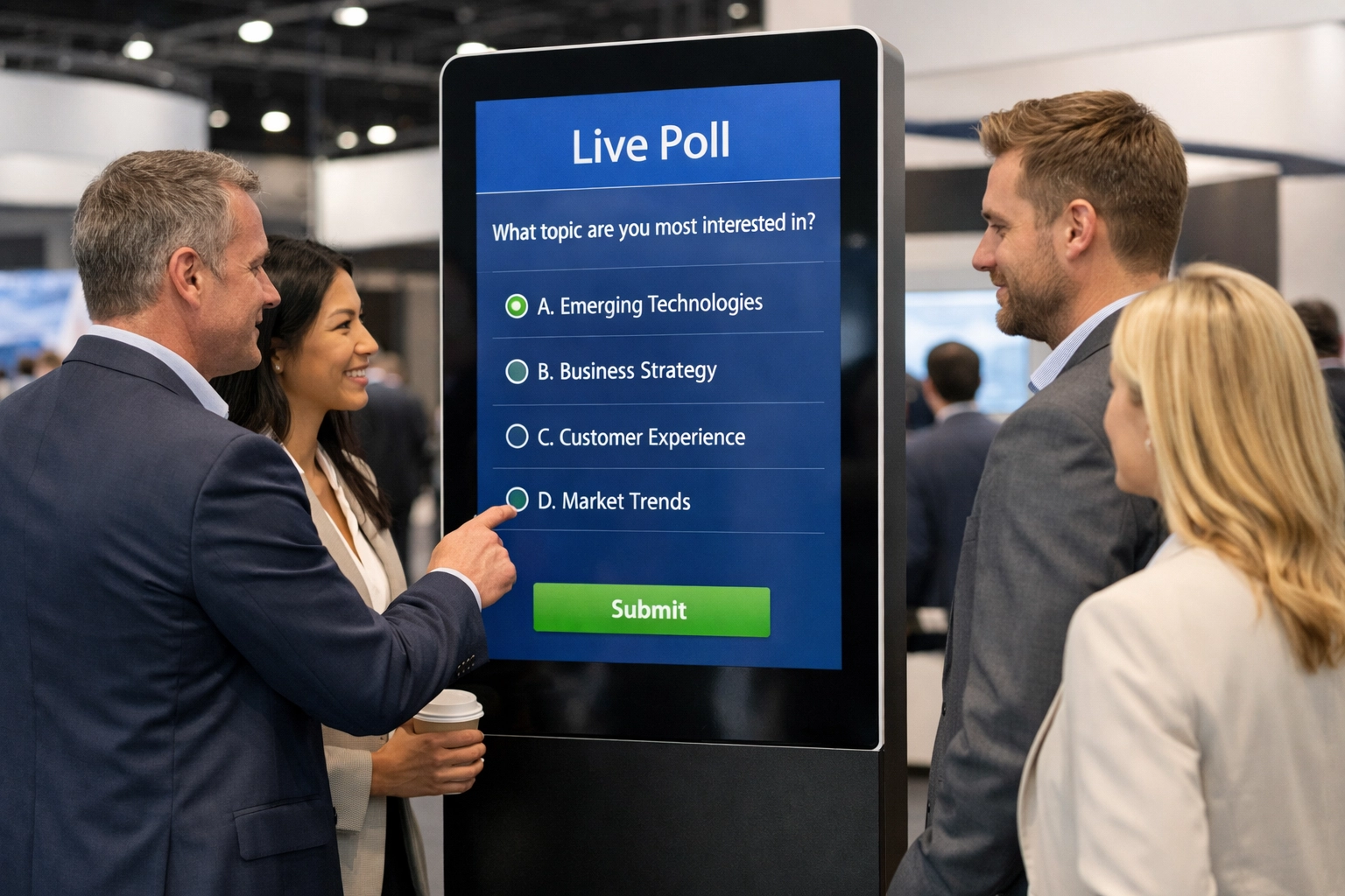 Interactive vertical screen kiosk for attendee polling and engagement at a trade show.