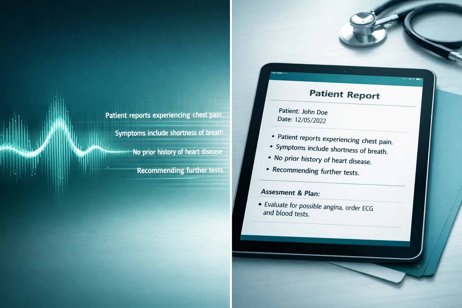 Voice dictation transforming into formatted Medicare-compliant clinical notes on tablet