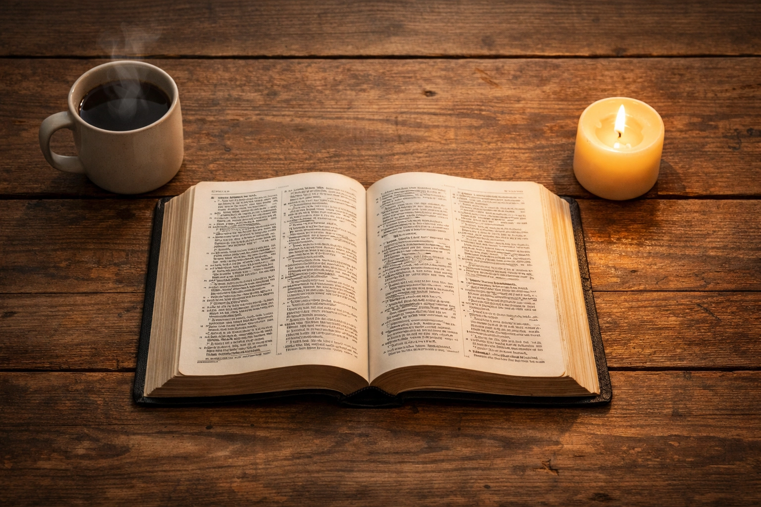 An open Bible on a wooden table with a candle, representing personal prayer and biblical discernment.