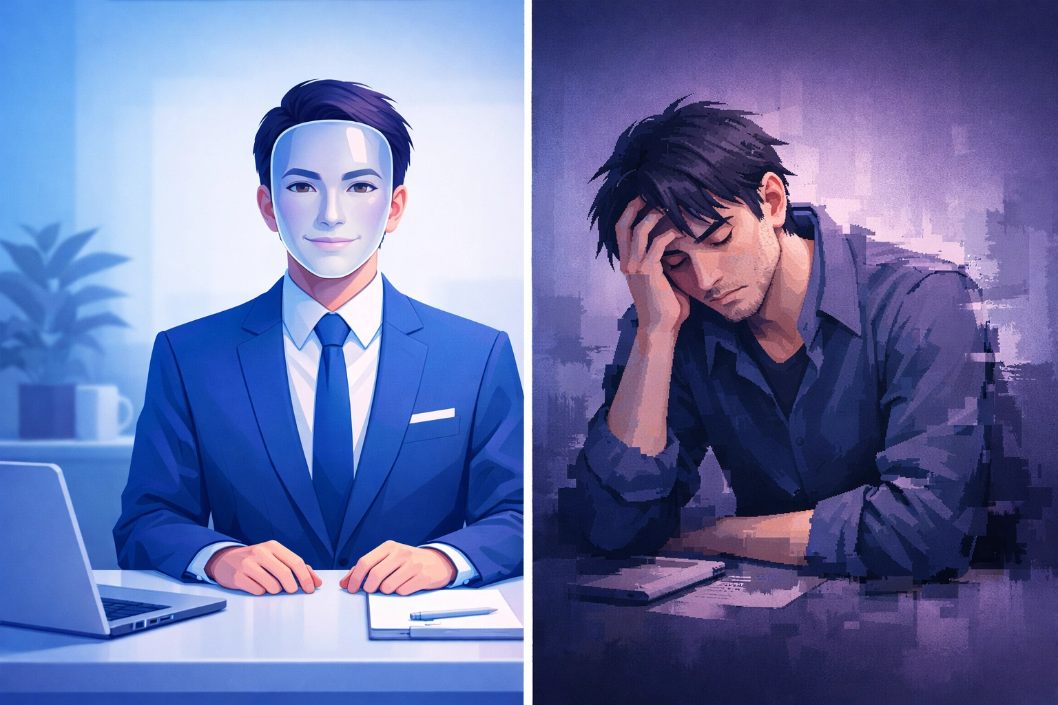 Worker masking invisible disability at desk versus exhausted reality behind the professional appearance