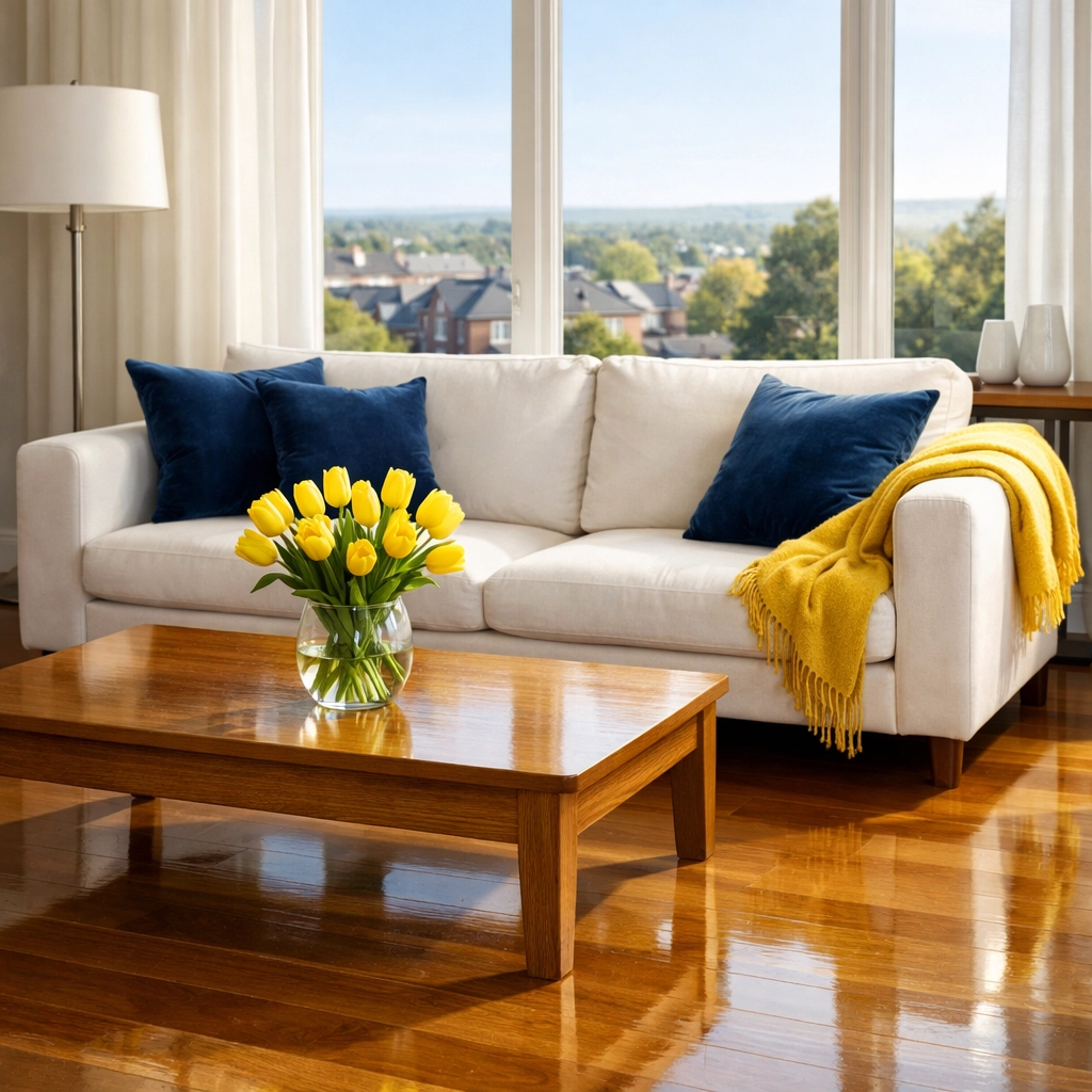 Clean modern living room with polished floors from weekly house cleaning in Leominster MA.