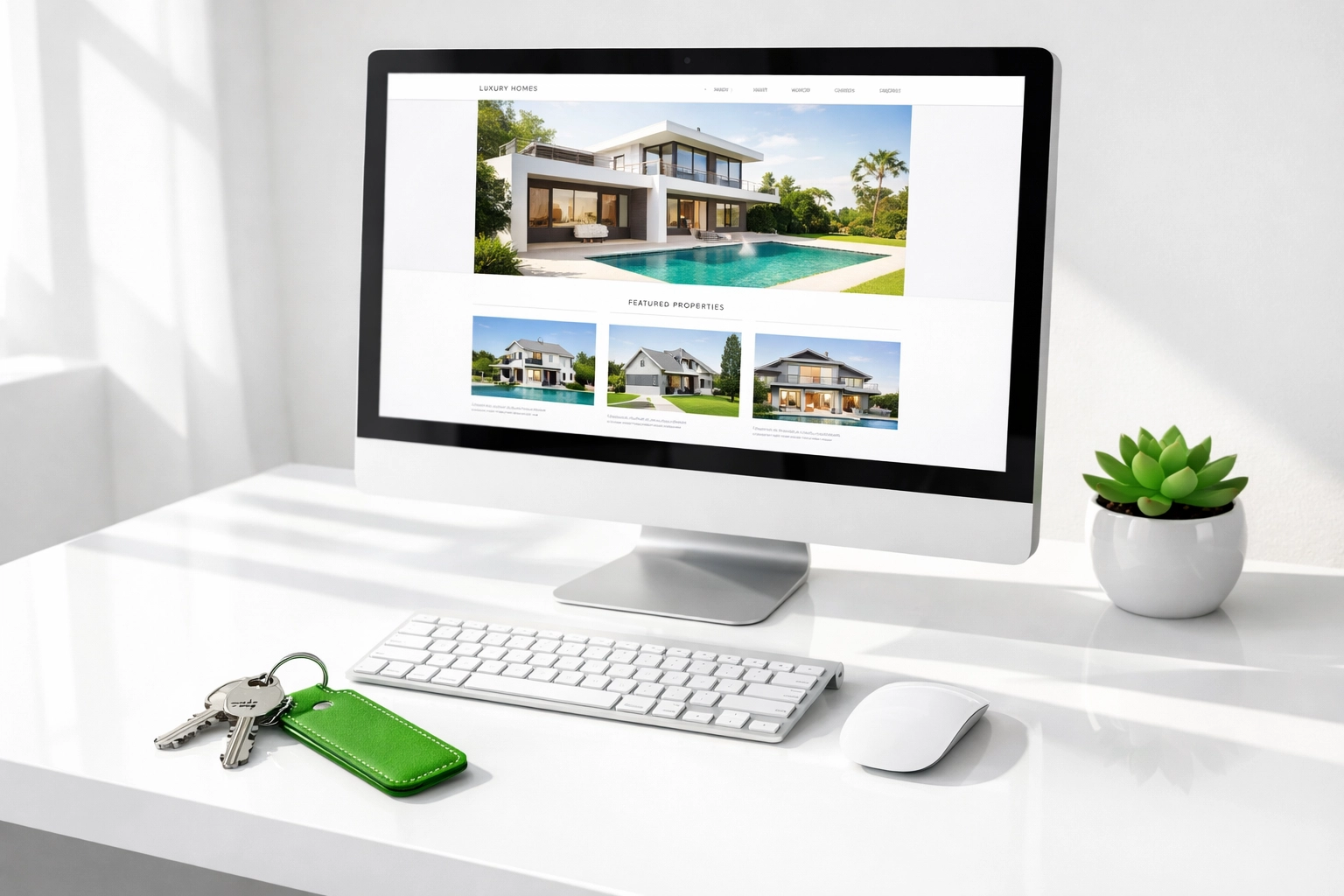 Modern custom website design displaying real estate listings on a clean, bright office desk.
