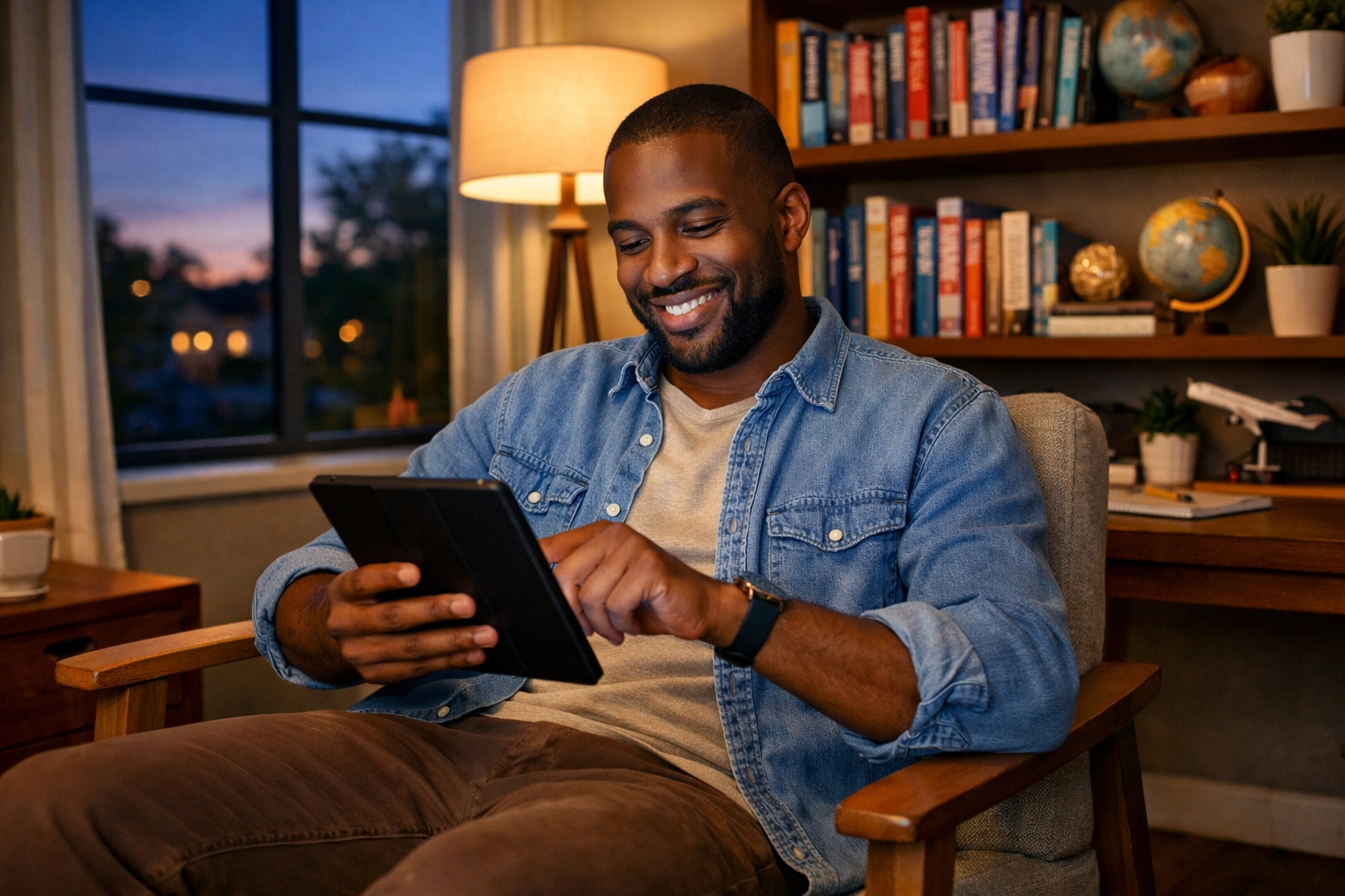 Travel agent reviewing client communications on tablet during focused evening work session