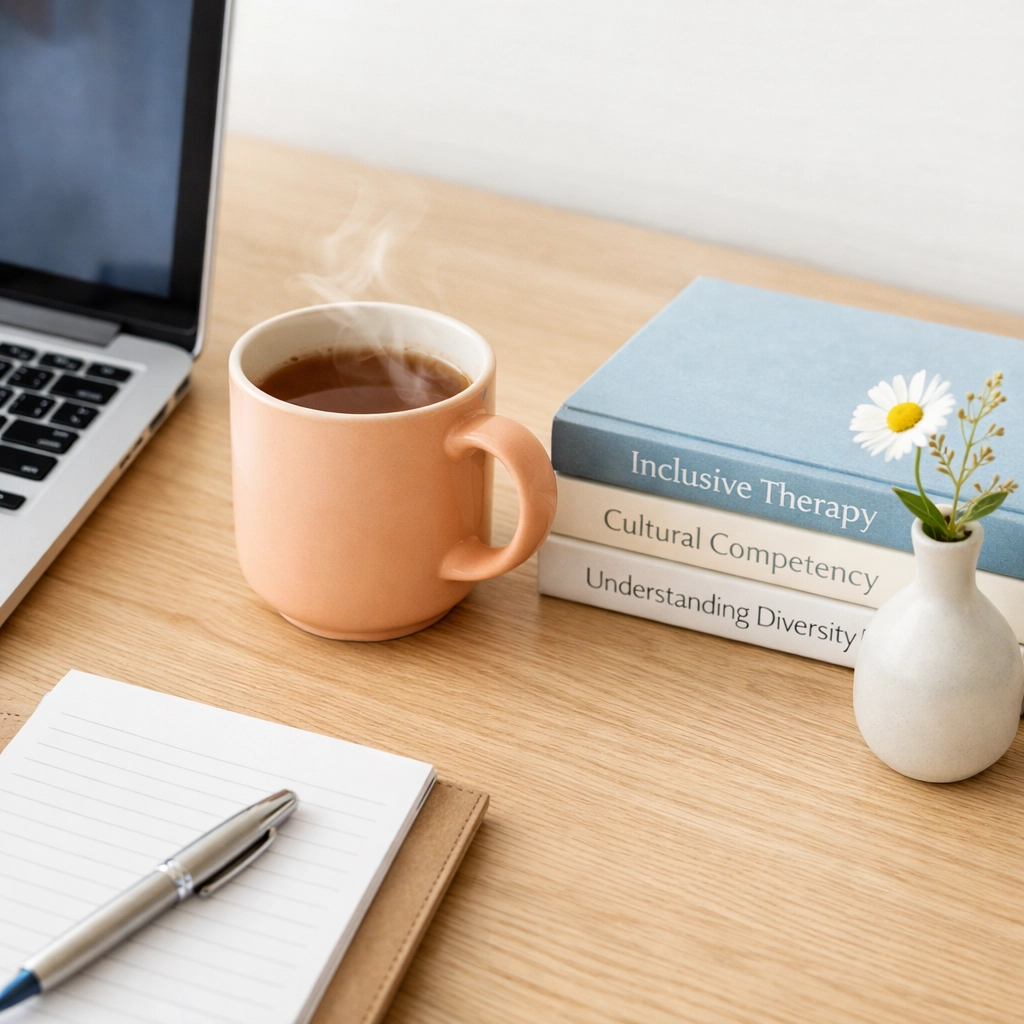 Organized therapist workspace with inclusive psychology books for LGBTQ+ affirming counseling in Georgia.