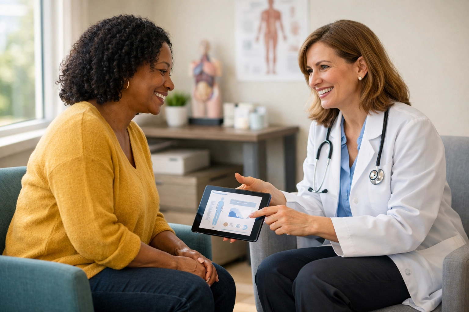 Patient consulting with healthcare provider about weight loss medication options and treatment plan