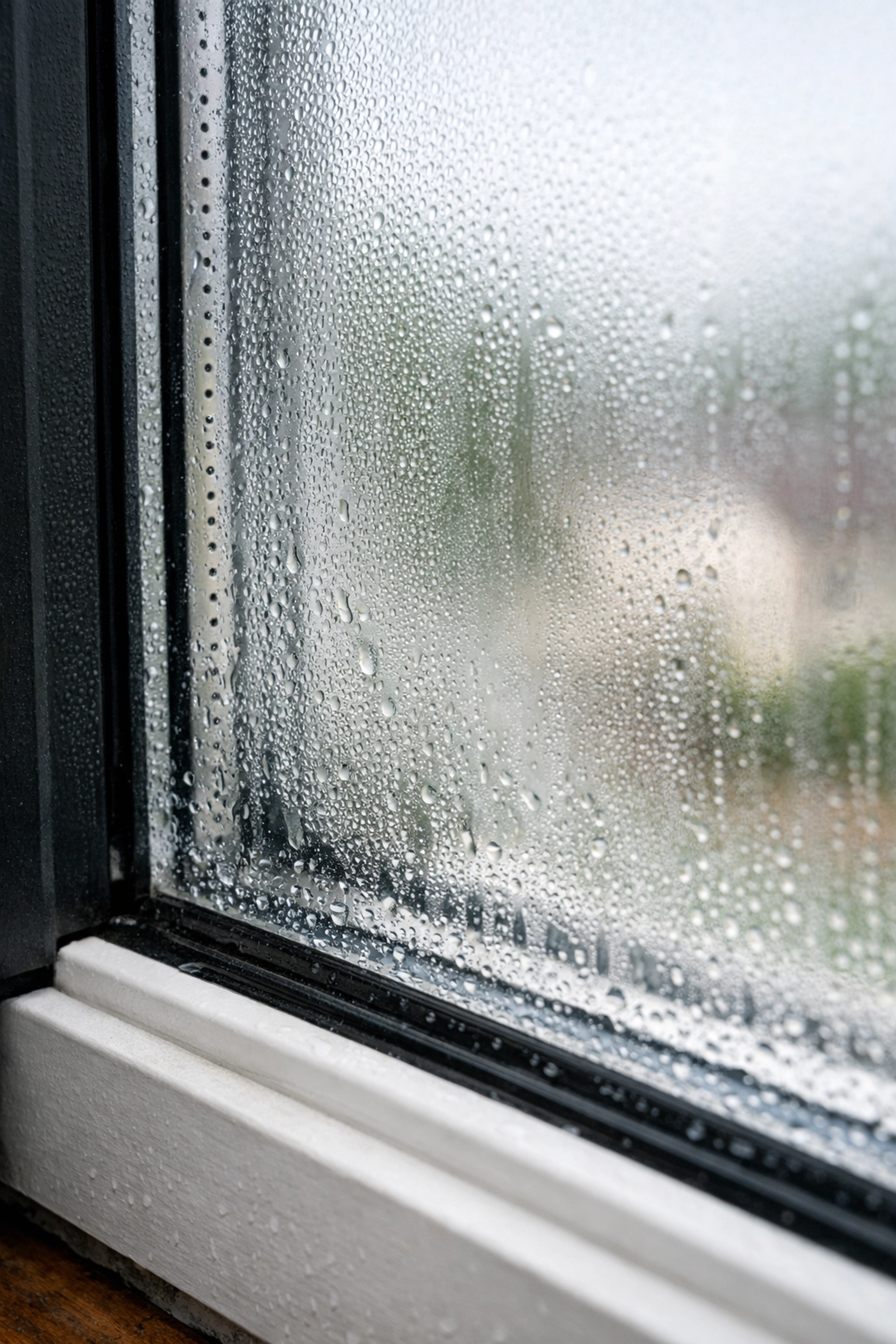 Condensation and fog trapped between double-pane glass due to a failed window seal.