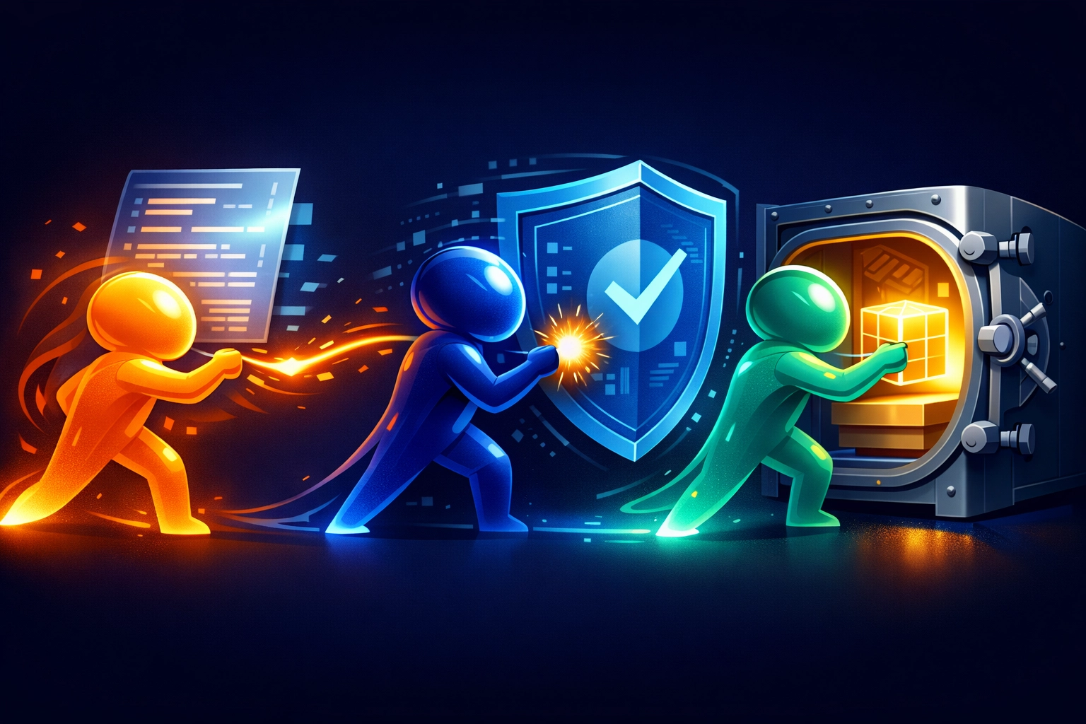 Three specialized AI agents collaborating in a digital workflow to automate complex business data processing.