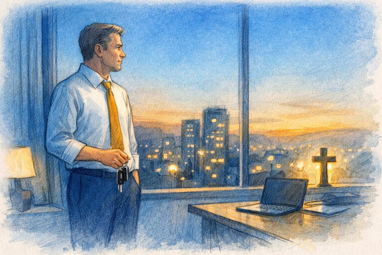 Reflective business leader standing by an office window at dusk, considering the cost of success and the value of integrity by Dr. Layne McDonald - www.laynemcdonald.com